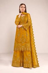 Mustard Embroidered Pure Organza 3-Piece Suit with Embroidered Organza Dupatta