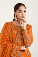 Rustic Orange Embroidered Organza 3-Piece Suit with Gharara