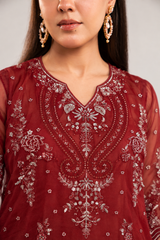 Maroon Embroidered Pure Organza 3-Piece Suit with Embroidered Organza Dupatta