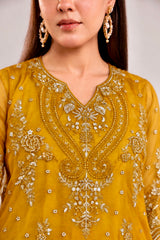 Mustard Embroidered Pure Organza 3-Piece Suit with Embroidered Organza Dupatta