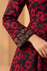 Red & Black Floral Print Anarkali Frock with Embroidered Neckline