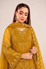 Mustard Embroidered Pure Organza 3-Piece Suit with Embroidered Organza Dupatta