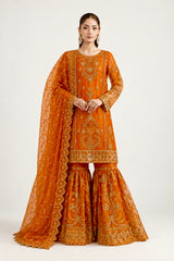 Rustic Orange Embroidered Organza 3-Piece Suit with Gharara
