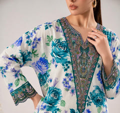 Ivory Floral Print Frock with Embroidered Neckline