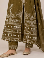 Olive Embroidered Viscose 3-Piece Suit — Crinkle Printed Dupatta