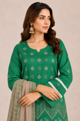 3-Piece Doria Embroidered Lawn Suit – Chikankari Daman, Farshi Shalwar - Green