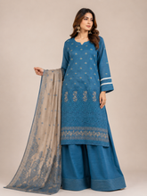 3-Piece Doria Embroidered Lawn Suit – Chikankari Daman, Farshi Shalwar - Blue