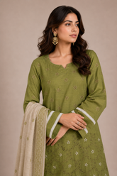 3-Piece Doria Embroidered Lawn Suit – Chikankari Daman, Farshi Shalwar - Olive Green