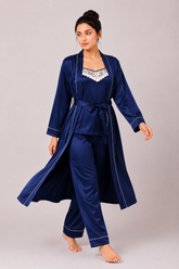 Navy Blue Shamoz Silk 3 Piece Gown Set