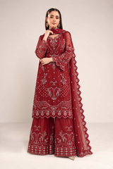 Maroon Embroidered Pure Organza 3-Piece Suit with Embroidered Organza Dupatta