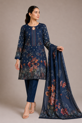3-Piece Doria Lawn Suit with Full Embroidered Shirt with Printed Daman and Printed Dupatta - Blue