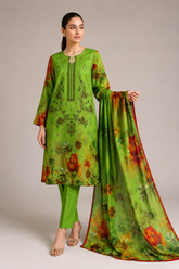 3-Piece Doria Lawn Suit with Full Embroidered Shirt with Printed Daman and Printed Dupatta - Green