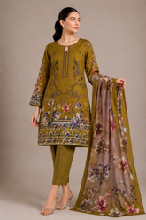 3-Piece Doria Lawn Suit with Full Embroidered Shirt with Printed Daman and Printed Dupatta - Golden Brown