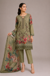 3-Piece Doria Lawn Suit with Full Embroidered Shirt with Printed Daman and Printed Dupatta - Olive Green