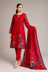 3-Piece Doria Lawn Suit with Full Embroidered Shirt with Printed Daman and Printed Dupatta - Red