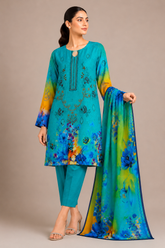 3-Piece Doria Lawn Suit with Full Embroidered Shirt with Printed Daman and Printed Dupatta - Sky Blue