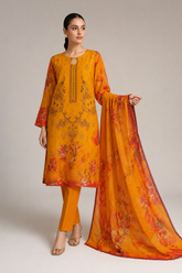 3-Piece Doria Lawn Suit with Full Embroidered Shirt with Printed Daman and Printed Dupatta - Yellow