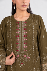 Olive Embroidered 3-Piece Viscose Suit with Printed Chiffon Dupatta