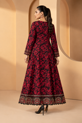 Red & Black Floral Print Anarkali Frock with Embroidered Neckline