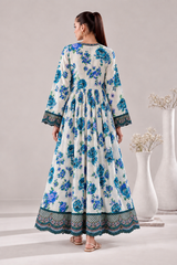 Ivory Floral Print Frock with Embroidered Neckline