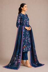 Blue Floral Printed 3-Piece Lawn Suit | Digital Print Kurta, Trouser & Dupatta