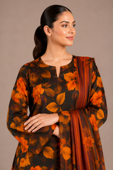 Black Floral Printed 3-Piece Lawn Suit | Digital Print Kurta, Trouser & Dupatta