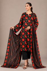 Black Floral Printed 3-Piece Lawn Suit | Digital Print Kurta, Trouser & Dupatta