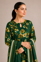 Green Floral Printed 3-Piece Lawn Suit | Digital Print Kurta, Trouser & Dupatta