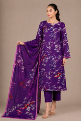 Purple Floral Printed 3-Piece Lawn Suit | Digital Print Kurta, Trouser & Dupatta