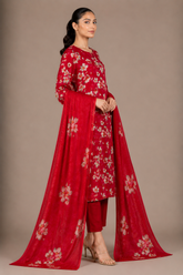 Red Floral Printed 3-Piece Lawn Suit | Digital Print Kurta, Trouser & Dupatta