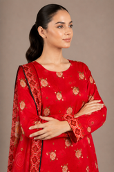 Red Floral Printed 3-Piece Lawn Suit | Digital Print Kurta, Trouser & Dupatta