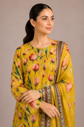 Yellow Floral Printed 3-Piece Lawn Suit | Digital Print Kurta, Trouser & Dupatta