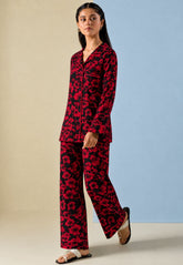 Crimson red floral imported linen pajama set, three-quarter view