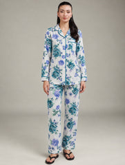 Blue Garden ivory floral imported linen pajama set, front view
