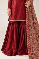 Maroon silk suit - trouser and shawl detail