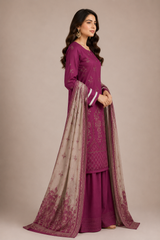 3-Piece Doria Embroidered Lawn Suit – Chikankari Daman, Farshi Shalwar - Purple