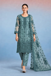 Sea green embroidered net three-piece suit front view