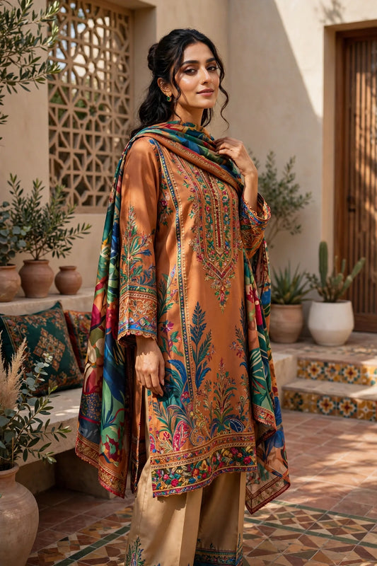 Woman in colorful embroidered silk lawn suit in a sunny courtyard, showcasing stylish comfort and unique design.