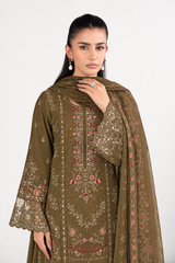 Olive Embroidered 3-Piece Viscose Suit with Printed Chiffon Dupatta