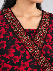 Red & Black Floral Print Anarkali Frock with Embroidered Neckline