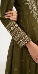 Olive Embroidered Viscose 3-Piece Suit — Crinkle Printed Dupatta