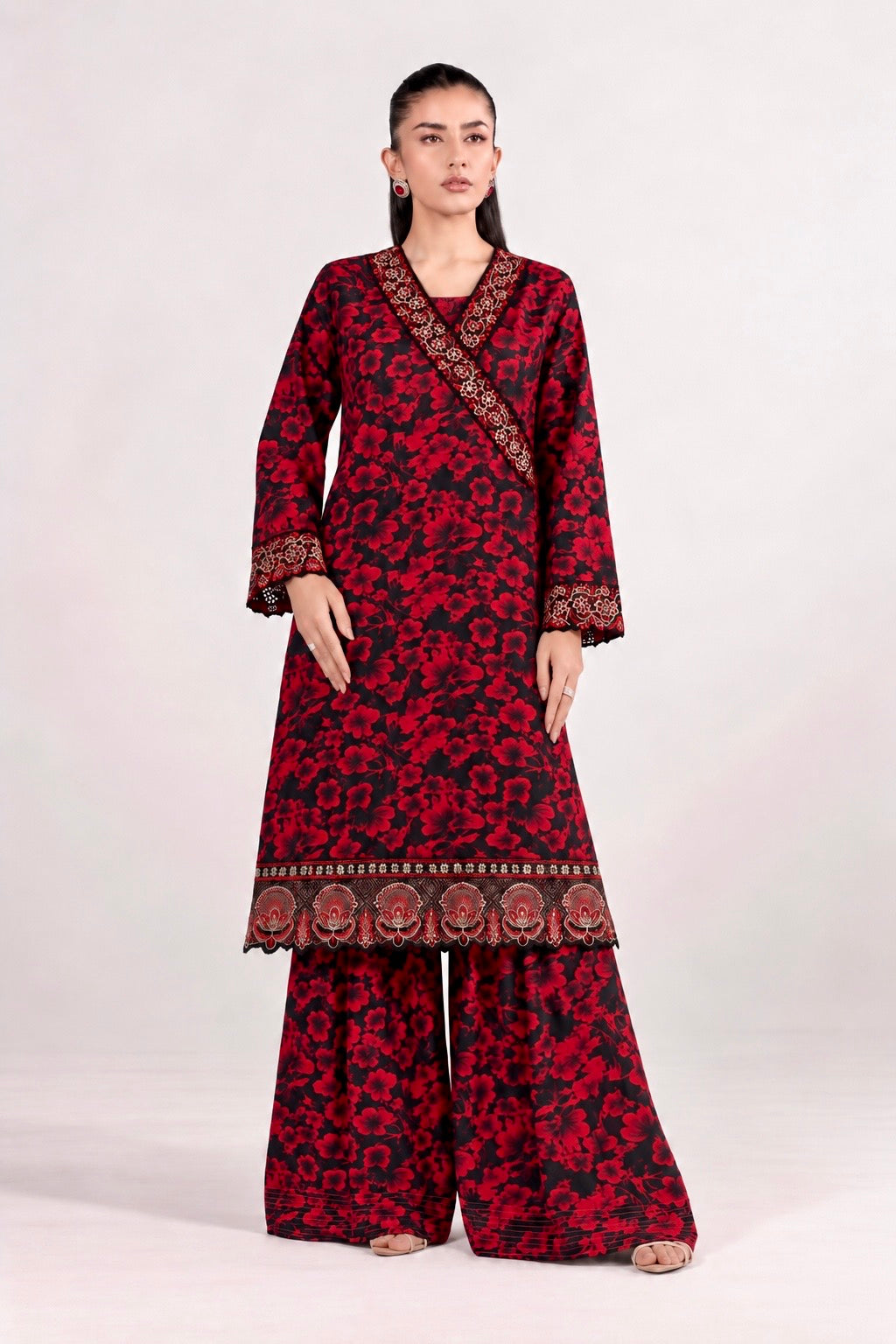 2-Piece Embroidered Linen Suit - Red Floral