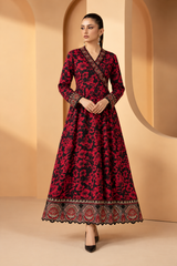 Red & Black Floral Print Anarkali Frock with Embroidered Neckline