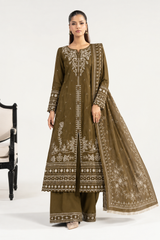 Olive Embroidered Viscose 3-Piece Suit — Crinkle Printed Dupatta