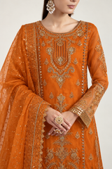 Rustic Orange Embroidered Organza 3-Piece Suit with Gharara