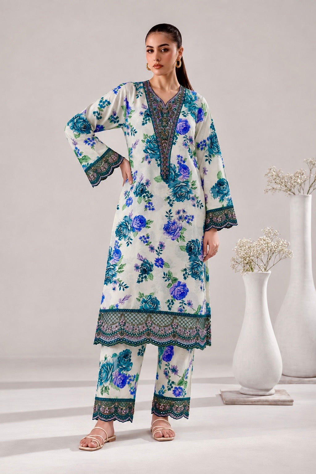2-Piece Embroidered Linen Suit