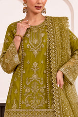Olive Embroidered Organza 3-Piece Suit with Gharara