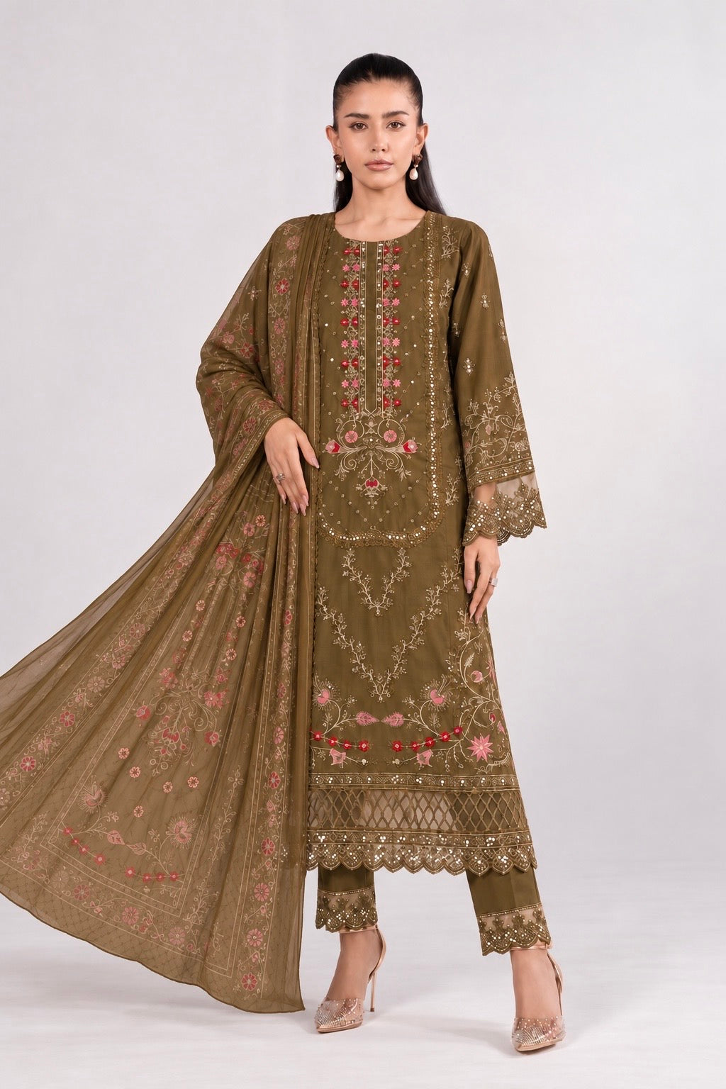 Olive Embroidered 3-Piece Viscose Suit with Printed Chiffon Dupatta