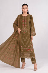 Olive Embroidered 3-Piece Viscose Suit with Printed Chiffon Dupatta