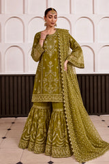 Olive Embroidered Organza 3-Piece Suit with Gharara